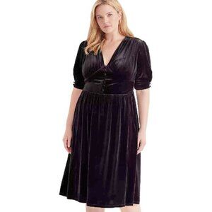 LAUREN Ralph Lauren Black Velvet V-Neck Puff Sleeve A-Line Midi Dress Size 2X